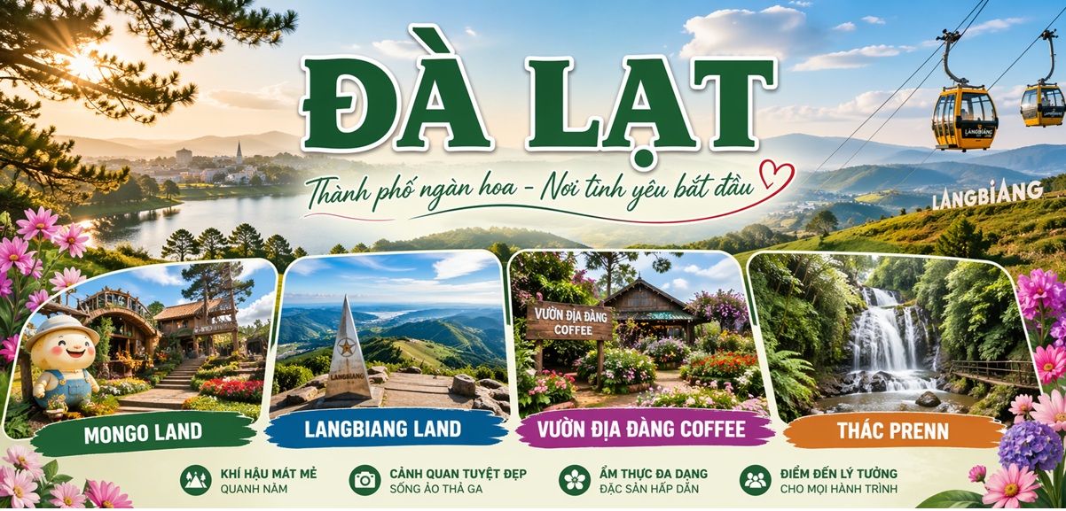 ĐÀ LẠT - MONGO LAND - LANGBIANG LAND - VƯỜN ĐỊA ĐÀNG COFFEE - THÁC PRENN
